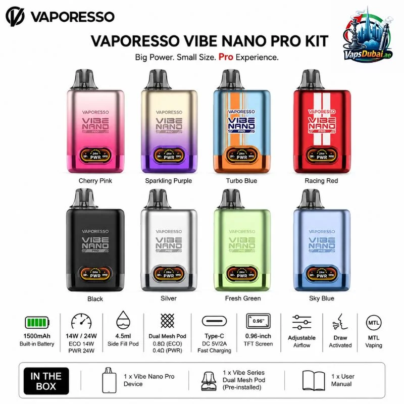 Vaporesso Vibe Nano Pro Kit 1500mAh in Dubai UAE Vaporesso Vibe Nano Pro Kit 1500mAh in Black, Cherry Pink, Fresh Green, Racing Red, Silver, Sky Blue, Sparkling Purple and Turbo Blue colours